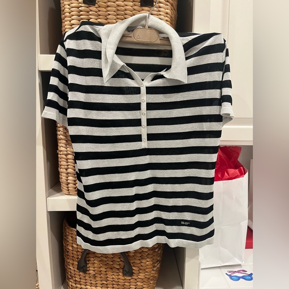 PAT  Black and White Striped Polo‎ Shirt SIZE S